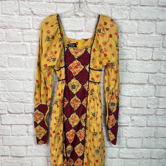 Gunne Sax Rare Black Label Medieval Style Floral Yellow Maxi Dress Size 5 - Picture 3 of 16